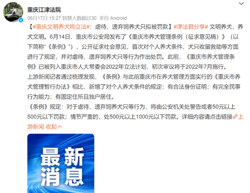 火速扩散!重庆拟颁布新规:禁止虐待、遗弃猫狗!