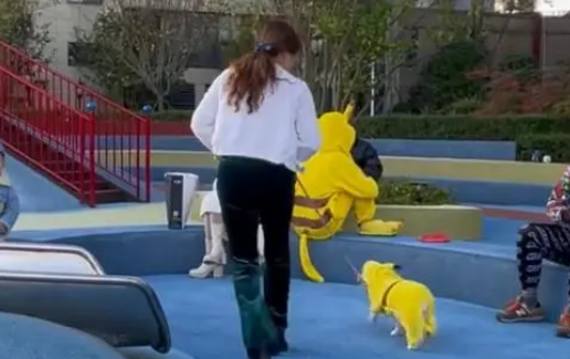美女与宠物狗撞衫,狗狗激动摇尾巴亲近