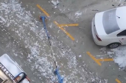狗狗急得嗷嗷叫,主人看了都不想说话了,随后特制长绳从4楼遛狗