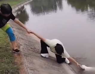 小狗掉入冰冷河中，主人撕心裂肺的呐喊着，而有人却这样讽刺她…