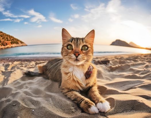 夏日海边沙滩阳光浴萌猫咪图片