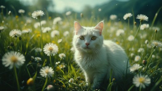 春天綠色草地小雛菊小貓咪圖片
