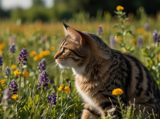 半蹲在花丛中的小肥猫图片