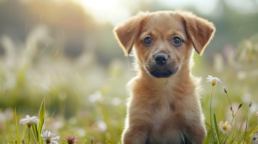 户外花草丛可爱金毛犬图片