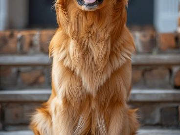 蹲坐在台阶上的金毛寻回犬图片