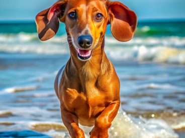 蓝色大海沙滩腊肠犬奔跑而来图片