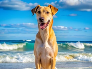 唯美蓝色大海沙滩拉布拉多犬图片