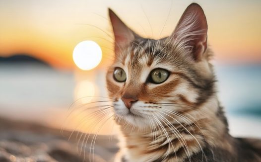 日暮黄昏海滩萌猫写真摄影图片