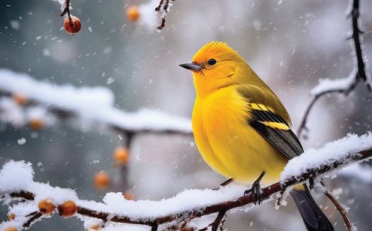 唯美冬季雪花纷飞枝头黄翅雀图片