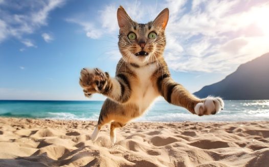 蓝色天空海边沙滩小猫摄影图片