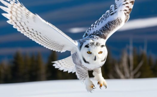 冬季雪地飞翔的白色雪鸮图片