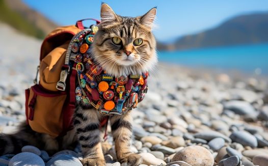 背着背包的可爱缅因猫摄影图片