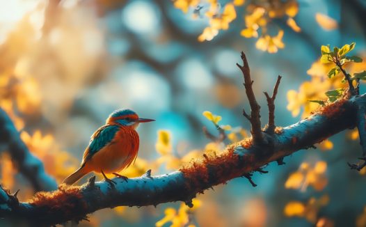 春天树林树枝上的翠鸟图片