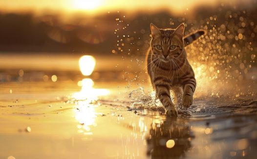 日暮黄昏河边奔跑的小猫图片