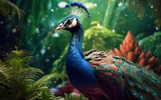 雾气朦胧唯美森林蓝孔雀摄影图片