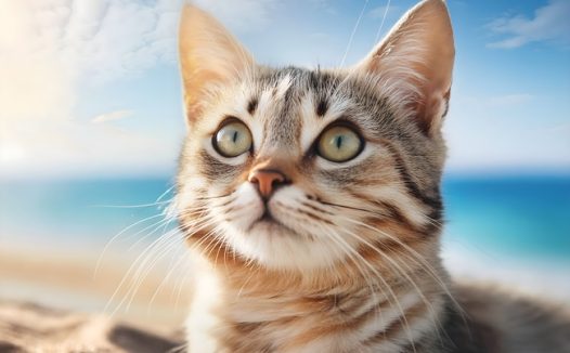 海边沙滩仰望天空的小猫咪图片