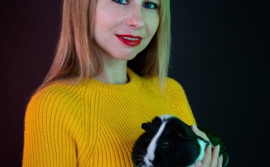 手里抱着豚鼠的黄色毛衣美女图片