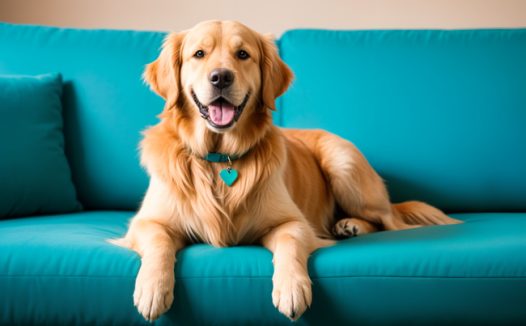坐在蓝色沙发上的拉布拉多图片