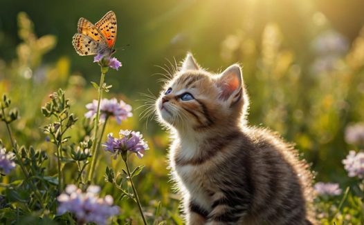 阳光下花草丛蝴蝶小猫摄影图片