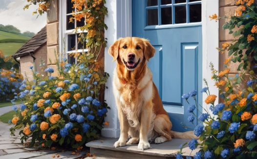 站在房门口的可爱金毛犬图片