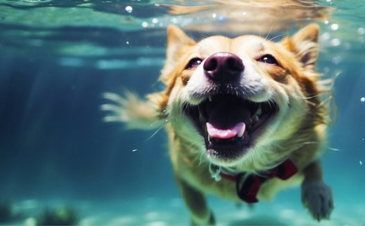 水中自在潜水的日本秋田犬图片