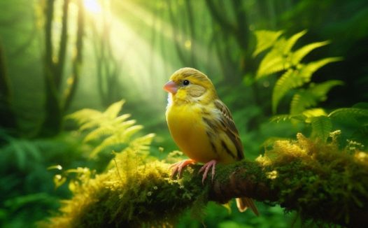 阳光照射下的树林青苔金丝雀图片