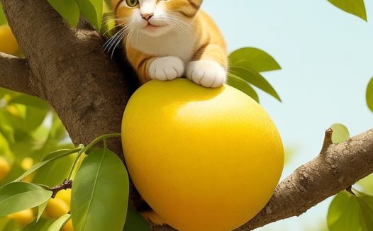 趴在果树上的橙色虎斑猫图片