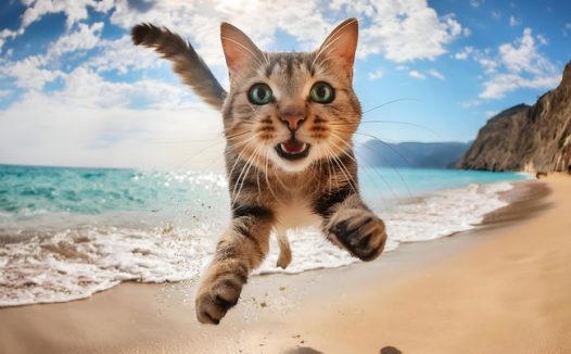 夏日海边调皮小萌猫摄影图片