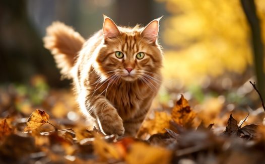 秋天树林丛中欢快奔跑的小猫图片