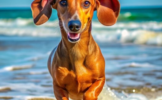 蓝色大海沙滩腊肠犬奔跑而来图片