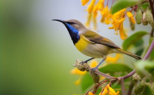 站在花枝上的黄腹太阳鸟摄影图片