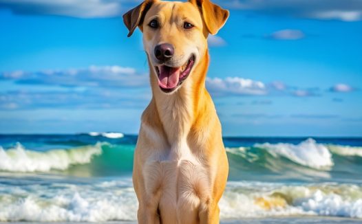 唯美蓝色大海沙滩拉布拉多犬图片