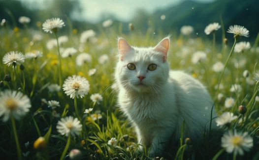 春天绿色草地小雏菊小猫咪图片