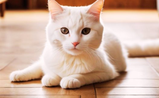 趴在木地板上的白色猫咪图片