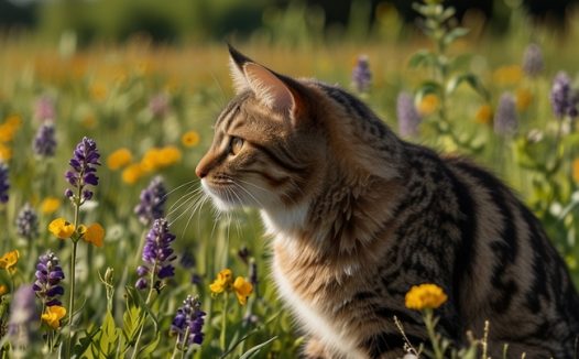 半蹲在花丛中的小肥猫图片