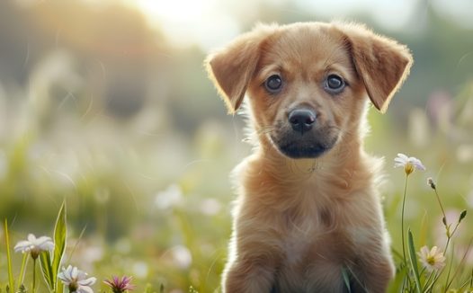 户外花草丛可爱金毛犬图片