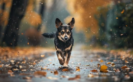 秋天雨中奔跑的小狗图片