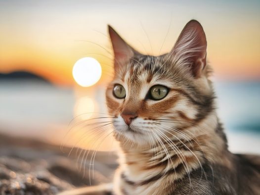 日暮黄昏海滩萌猫写真摄影图片