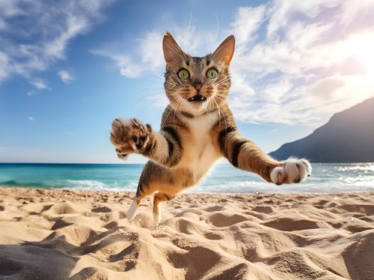 蓝色天空海边沙滩小猫摄影图片