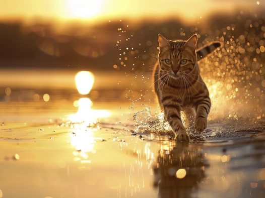 日暮黄昏河边奔跑的小猫图片