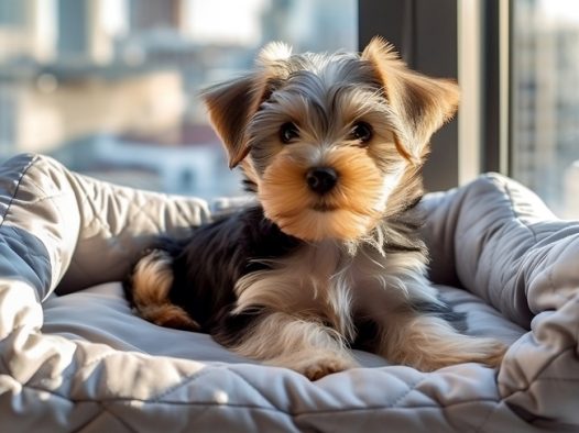 躺在宠物床上的小猎犬图片