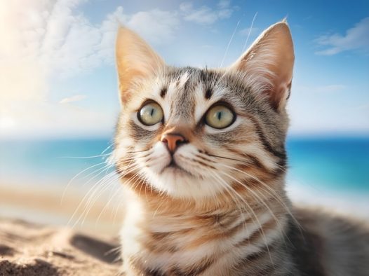 海边沙滩仰望天空的小猫咪图片