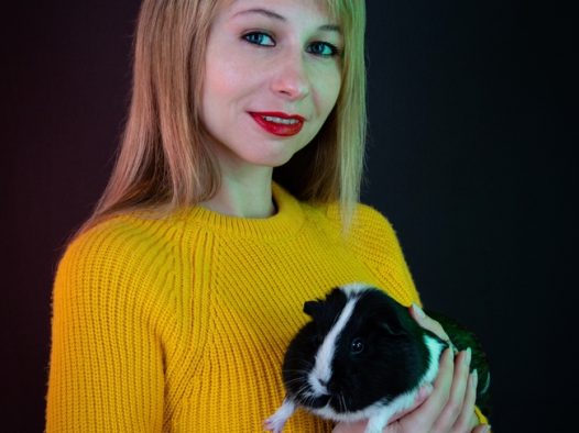 手里抱着豚鼠的黄色毛衣美女图片