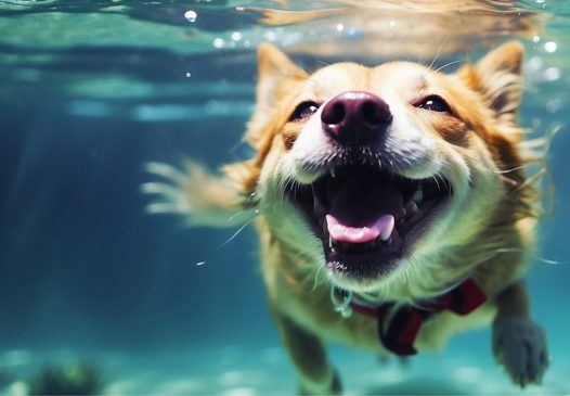 水中自在潜水的日本秋田犬图片