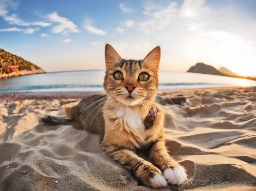 夏日海边沙滩阳光浴萌猫咪图片
