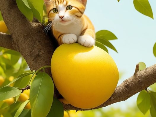 趴在果树上的橙色虎斑猫图片