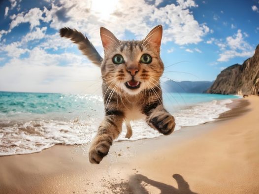 夏日海边调皮小萌猫摄影图片