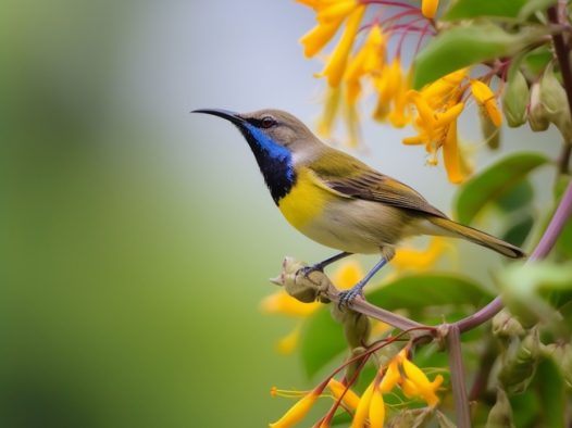 站在花枝上的黄腹太阳鸟摄影图片