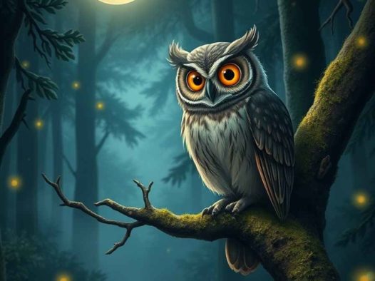 夜晚猫头鹰站在枝头摄影图片