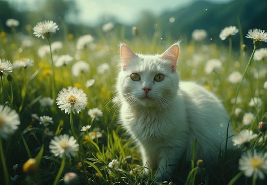 春天绿色草地小雏菊小猫咪图片